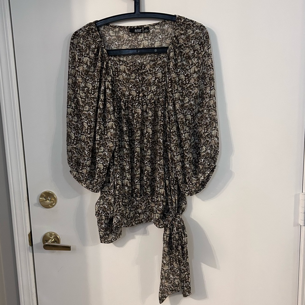 a.n.a Sheer Brown, Cream and Green Floral Women's Blouse size XL